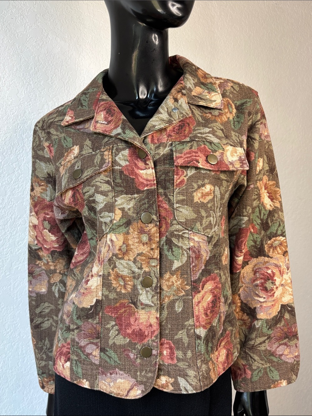 VTG 90s Orvis Floral Jean Jacket in Brown with Pink and Green Accents